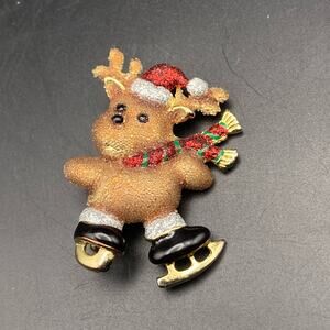Vintage DANECRAFT Sparkly Christmas Ice Skating Reindeer Brooch Pin Signed